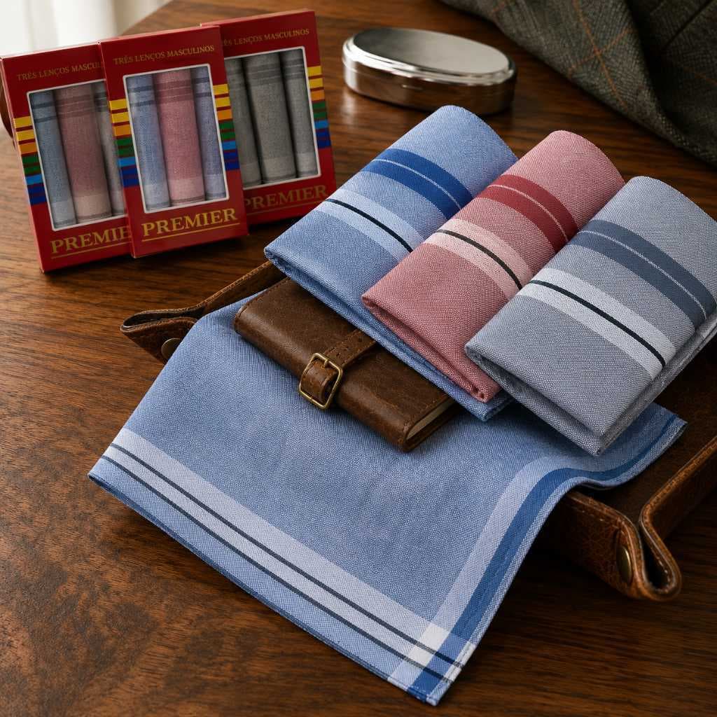 Kit 9 Lenços Masculino Liso Listrado Xadez 100% em Algodão 32cm x32cm para Bolso de Terno