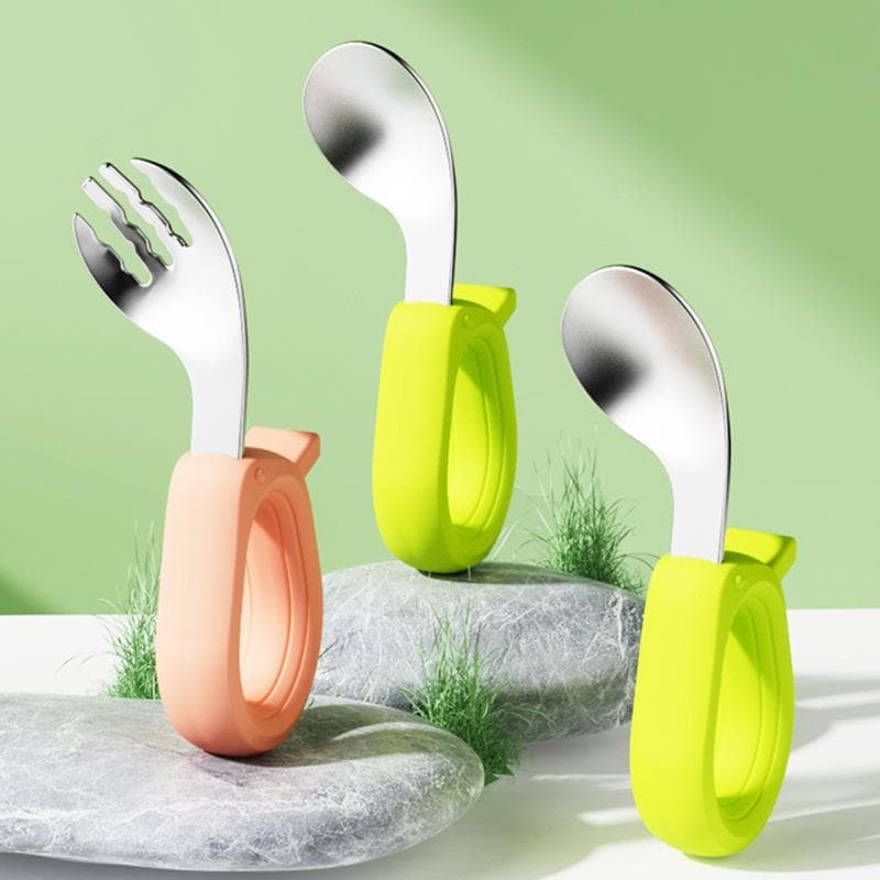 Colher de bebê anel alça curta 316 aço inoxidável suplemento alimentar do bebê colher Silicone crianças aprendem a comer