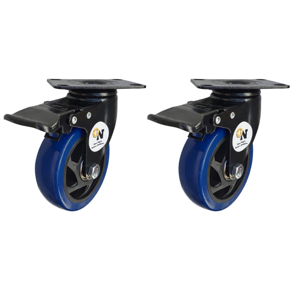 Kit 2pcs Rodizio Giratório de Placa 412 Roda PP (10cm) Rolamento de Esfera c/ Freio  - RGP412PP_E12_AJ_AZ_FR