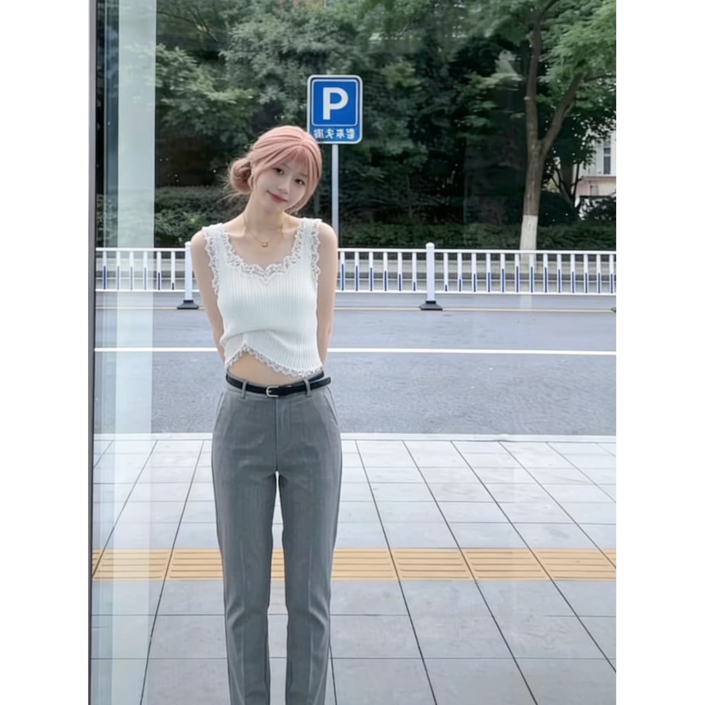 Colete de malha de seda gelo branco feminino verão exterior Wear 2026 novo estilo estilingue de renda interna bonito vol