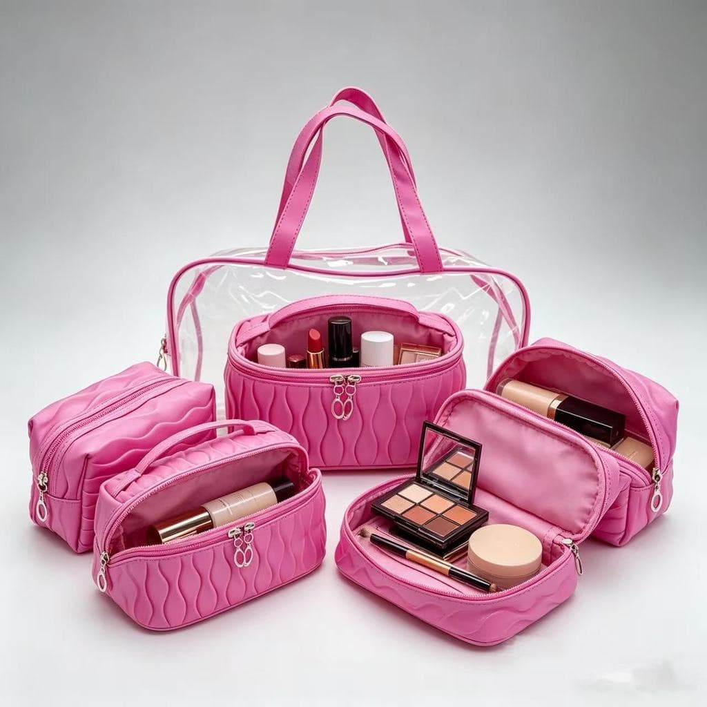 Kit Necessaire 4 Peças Transparente e Tecido Leve, Diversas Cores para Maquiagem e Viagem