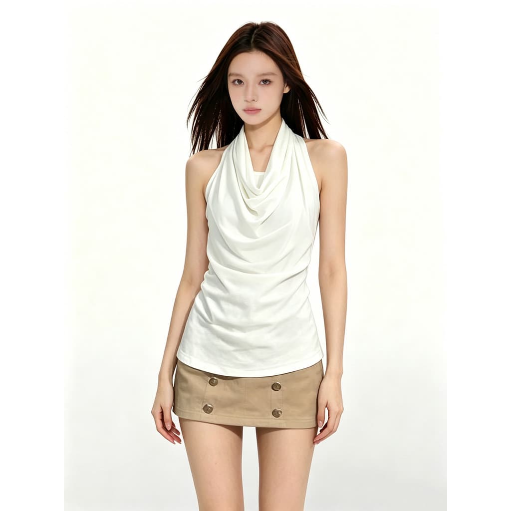 VERUMI estilo coreano branco Halterneck sem mangas topo feminino saia coberta de quadril verão 2026 Super quente usar um