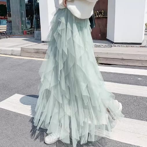 Irregular cintura alta a linha gaze saia 2024 primavera novo estilo versão coreana bolo saia gaze feminino Puff saia