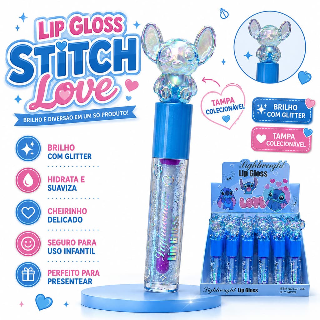 Lip Gloss Stitch Azul com Glitter – Brilho Labial Hidratante e Perfumado