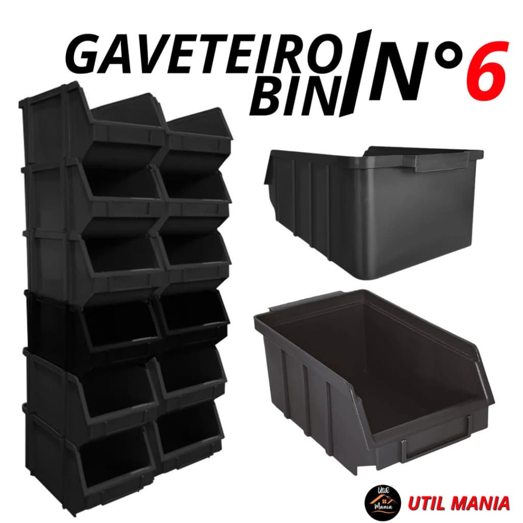 Kit Com 06 Gaveteiros de Plástico Bin Nº 6 Empilhável Organizador Prateleira Multiuso Ferramentas