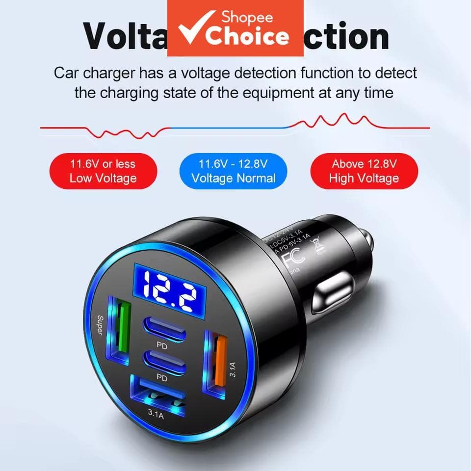 Carregador De Carro Rápido Multi-100W 6 Em 1 Porta Com Voltímetro Adaptador De Energia USB Eletrônica Automotiva