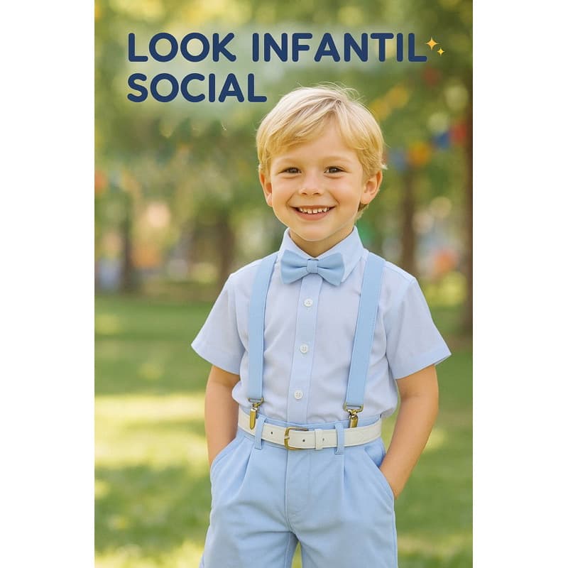 Conjunto infantil social menino shorts suspensório gravata borboleta cinto 4 ao 10 azul 5 peças