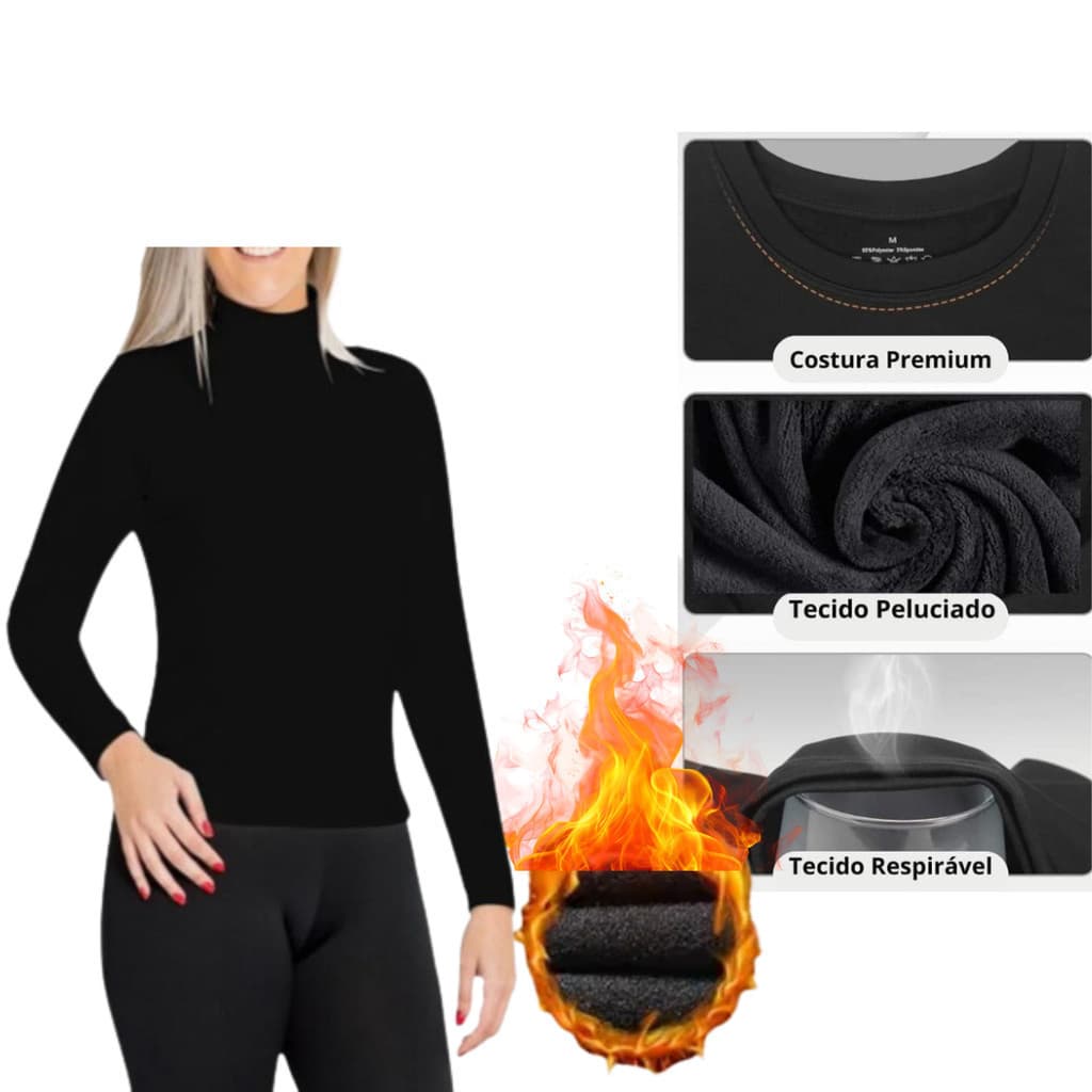 Camiseta Gola Alta Peluciada Feminina Térmica Manga Longa Segunda Pele Ideal Para Inverno