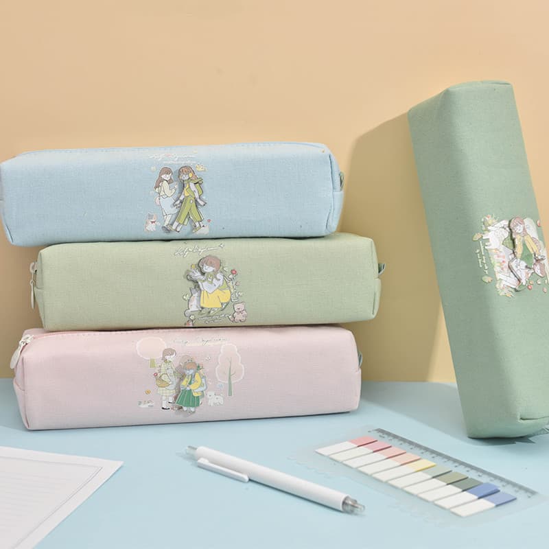 Bolsa de lápis de lona quadrada Bolsa de papelaria Estojo de lápis Bolsa de armazenamento Versão feminina Arte japonesa