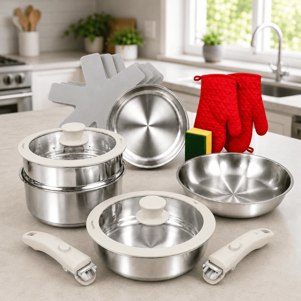 Kit Panelas Inox 16 Peças Cabo Removível Tampas Vidro Frigideiras Indução Aço Inox