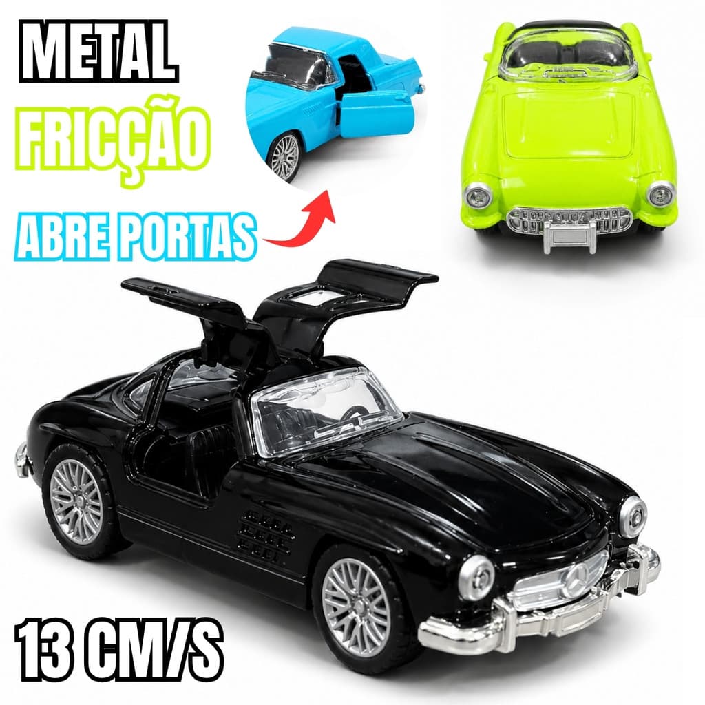 Miniatura Carro Clássico Metal Fricção 13cm Portas Funcionais Colecionável