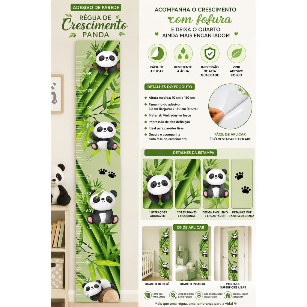 Adesivo de Parede Regua de Crescimento Urso Panda Pandinha Quarto Crianca Infantil