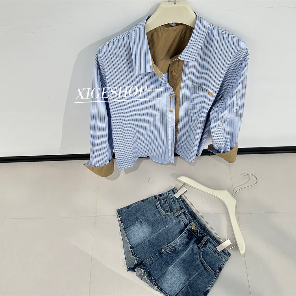 Retro cor combinando carcela Kochi arte camisa de manga comprida Design feminino solto listras verticais contraste cor c