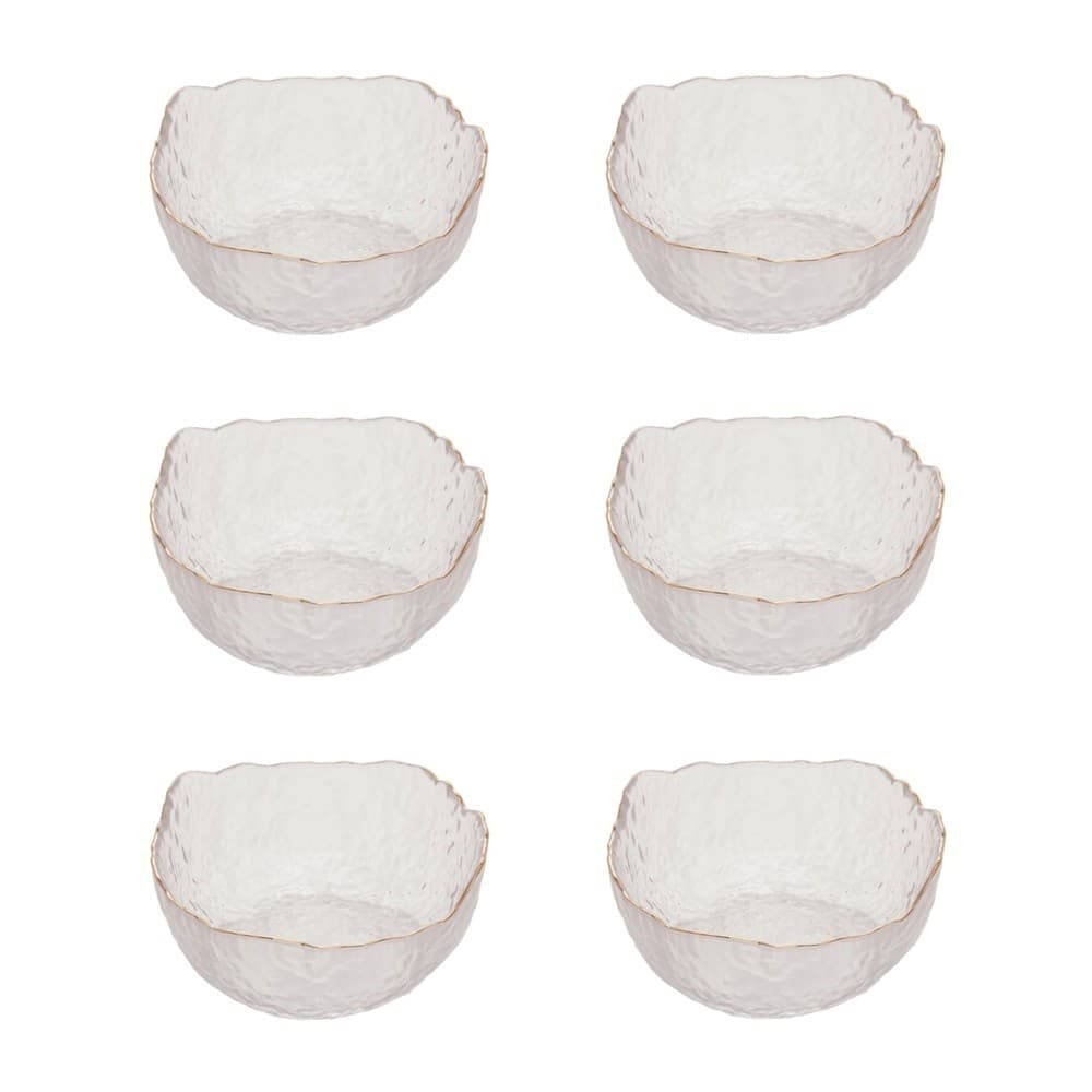 Cj 6 Bowls Cumbuca de Cristal Martelado Transparente C/Borda Dourada Taj 720ml 17x8cm Wolff