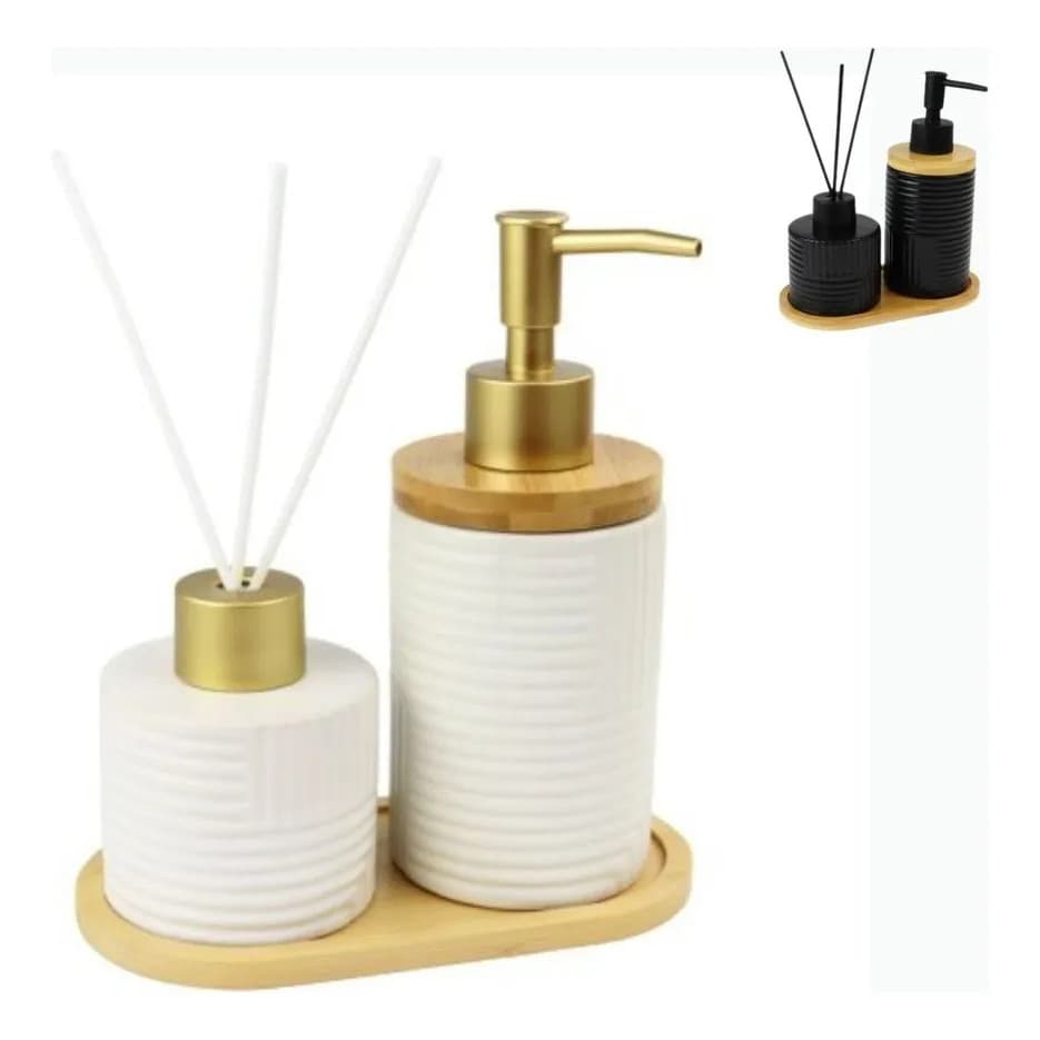 Kit Banheiro Lavabo Cerâmica Completo Dispenser, Difusor e Bandeja