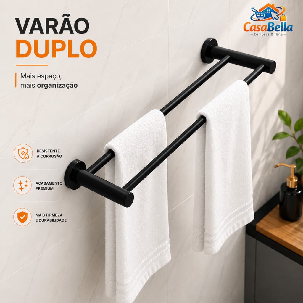 Toalheiro Duplo Banheiro Aço Inox Preto Fosco Moderno Premium