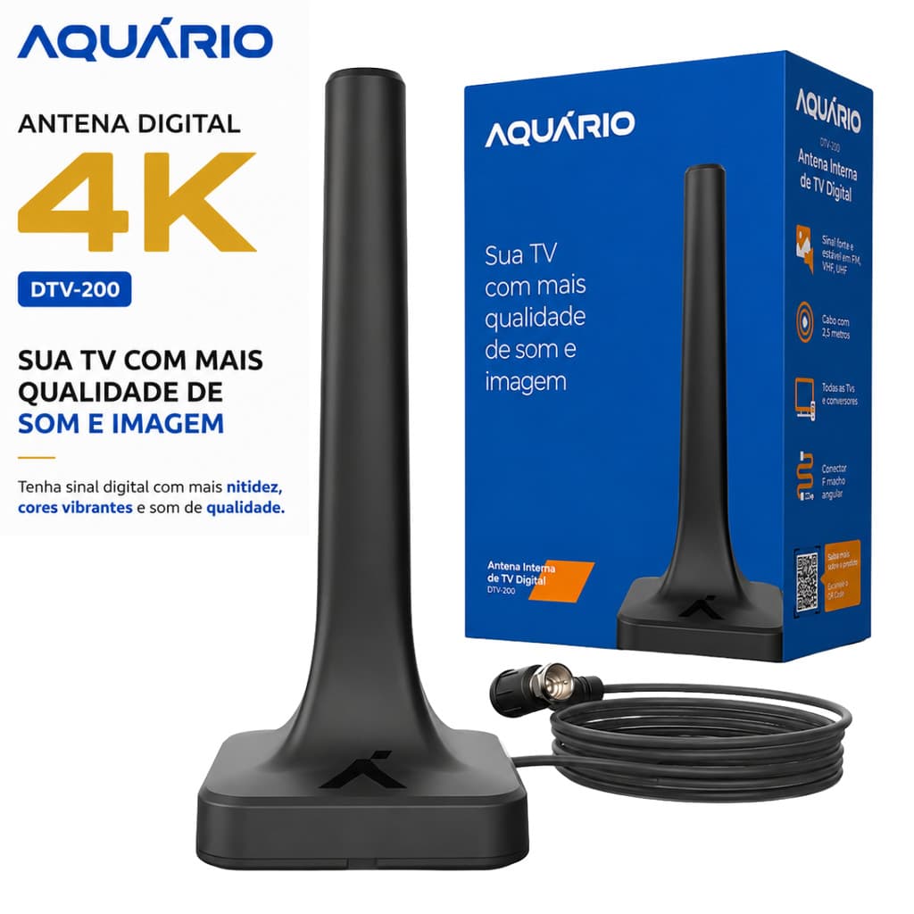 Antena Digital Interna Aquário DTV-200 4K HDTV Sinal TV Aberta Cabo 2,5m Plug Play