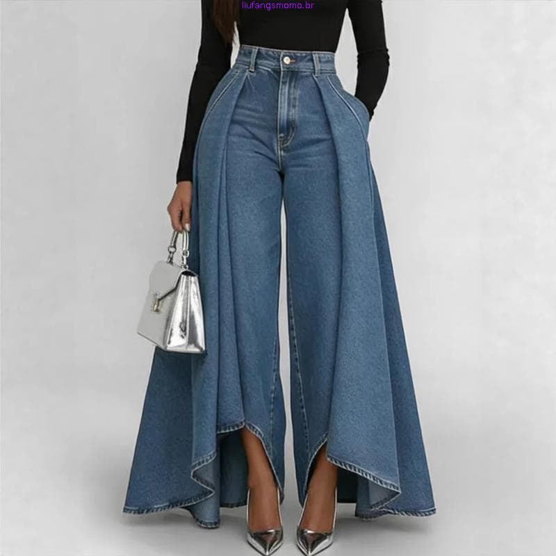 Jeans Casual de cor sólida com perna larga