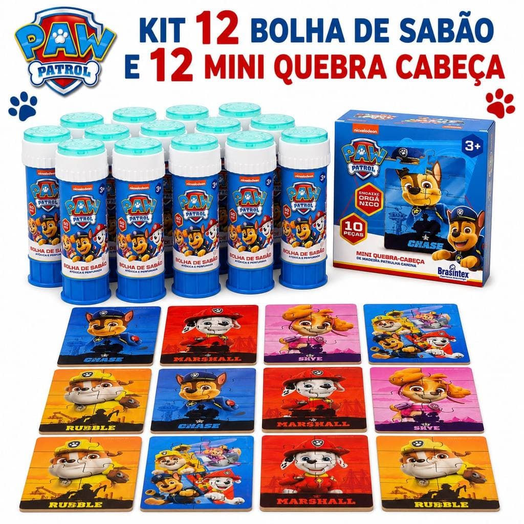 Kit 24 Lembrancinhas Patrulha Canina 12 Mini Quebra-Cabeças + 12 Bolhas de Sabão Festa Infantil
