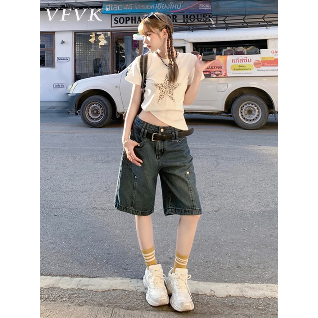 Vfvk americano Retro cor cinco pontos perna larga Jeans feminino 2026 verão novo estilo cintura baixa mais magro olhar c