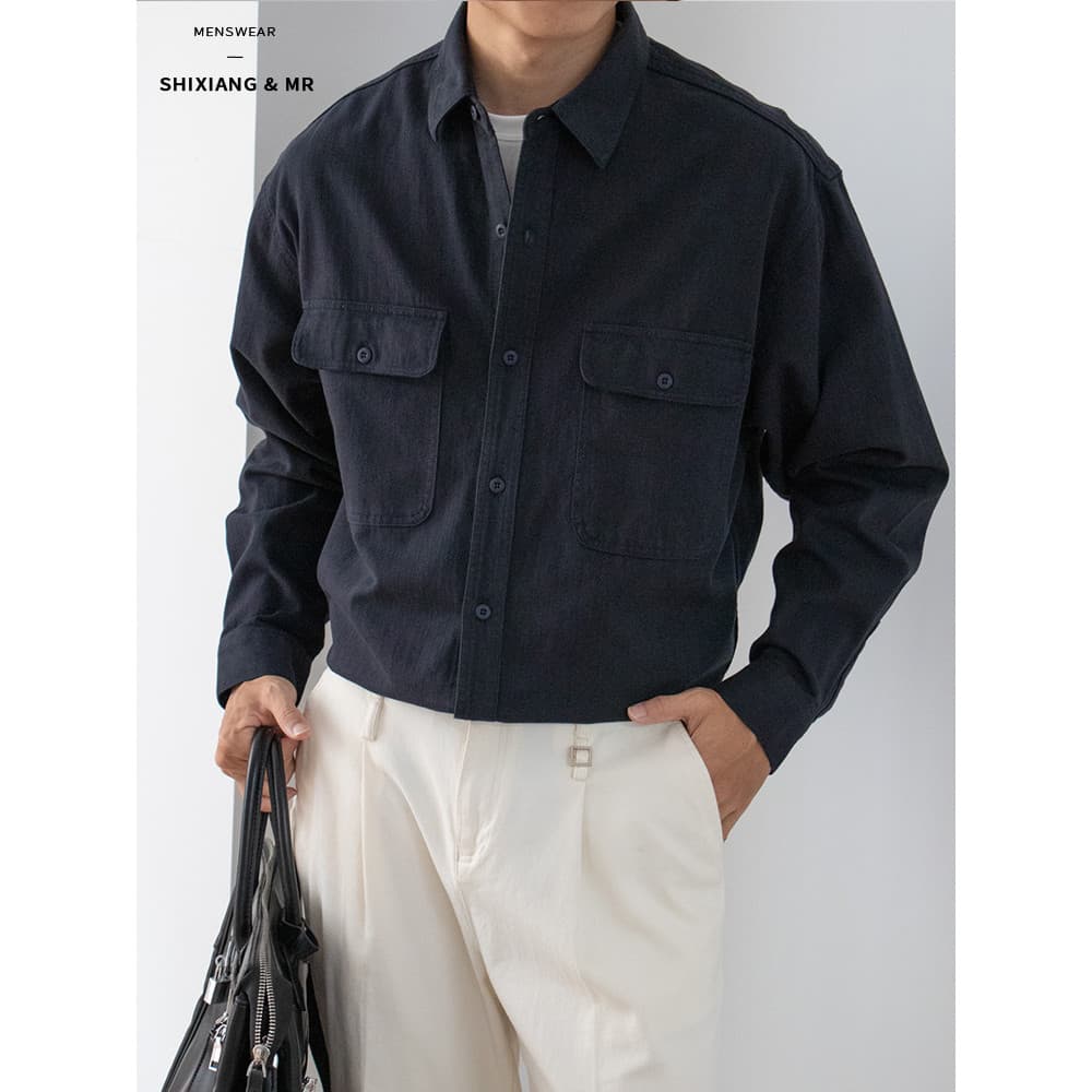 High-End sentir puro algodão duplo-bolso ferramentas aba bolso capa camisa masculina outono novo estilo japonês Retro so