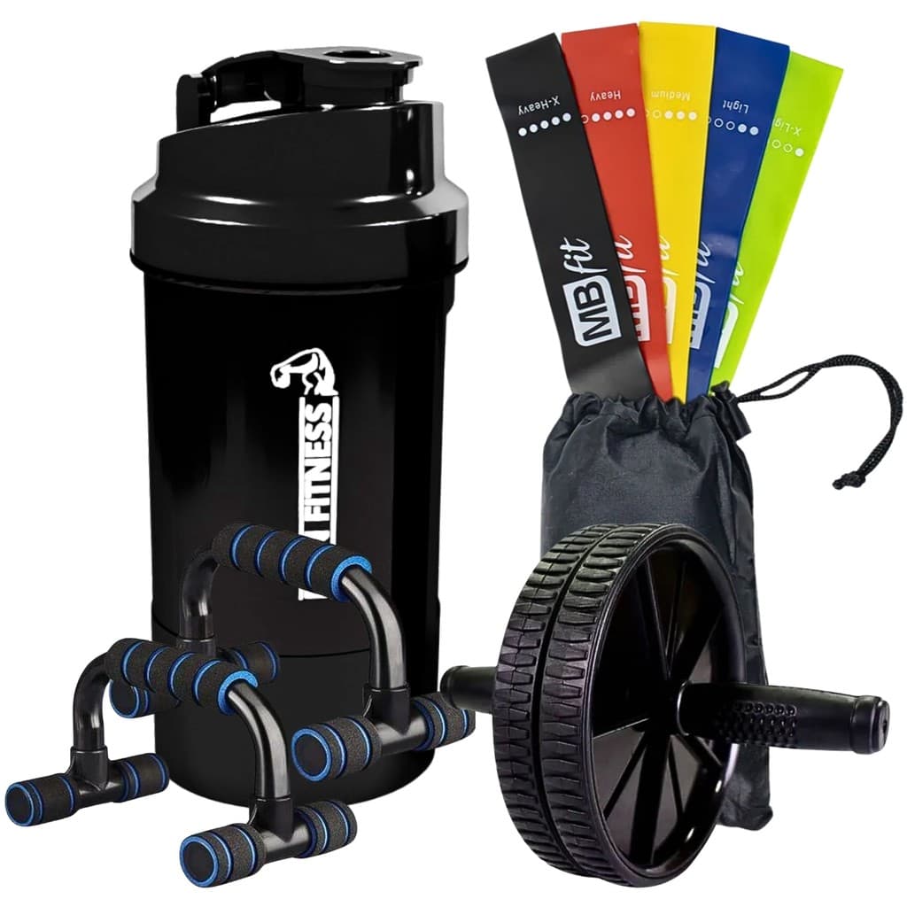 Roda + Barra Flexão + Theraband + Garrafa Shaker Performance