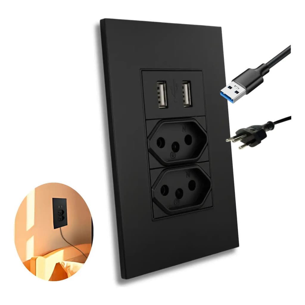 Tomada Dupla De Parede 4x2 Com 2 Entradas Usb Bivolt  Com Espelho Na Cor Preta 5v - Alvix