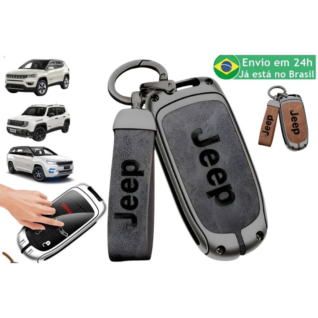 Capa Chave Carro Premium Metal Couro Para Jeep Renegade Compass Grand Cherokee Commander Chaveiro
