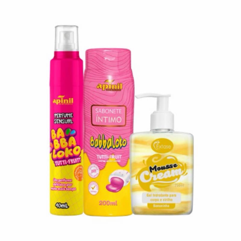 Kit Completo Mousse Êxtase Apinil + Sabonete e Perfume Sensual – Fragrância Banana e Tutti Frutti