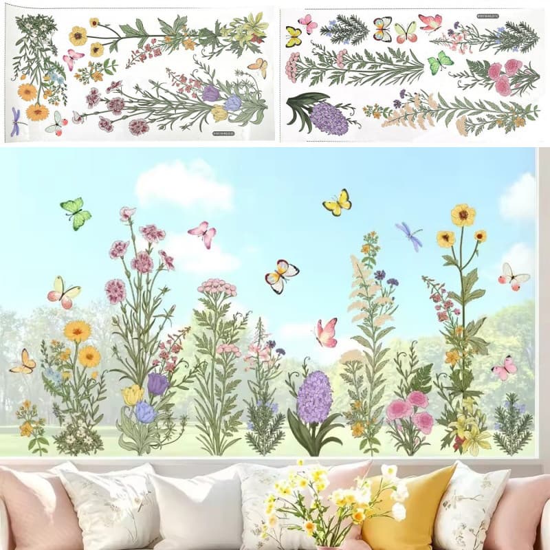 2 Peças Decalque Floral Borboleta Romântica Faça Você Mesmo Emendável-Adesivo Eletrostático De PVC Janela À Prova D'água