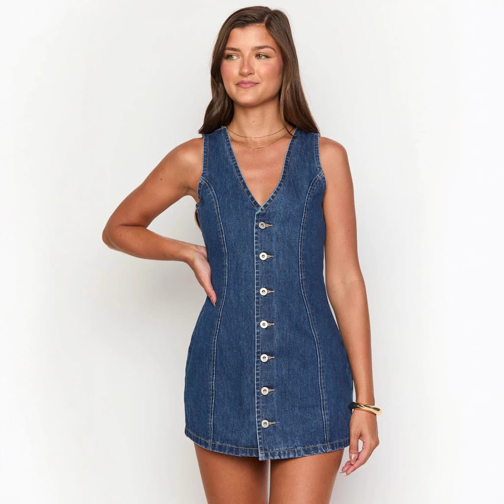 Vestido de Jeans com Botões Frontais e Cintura Amarrada para Primavera/Verão 2026, Vestido Vintage de Moda para Mulheres