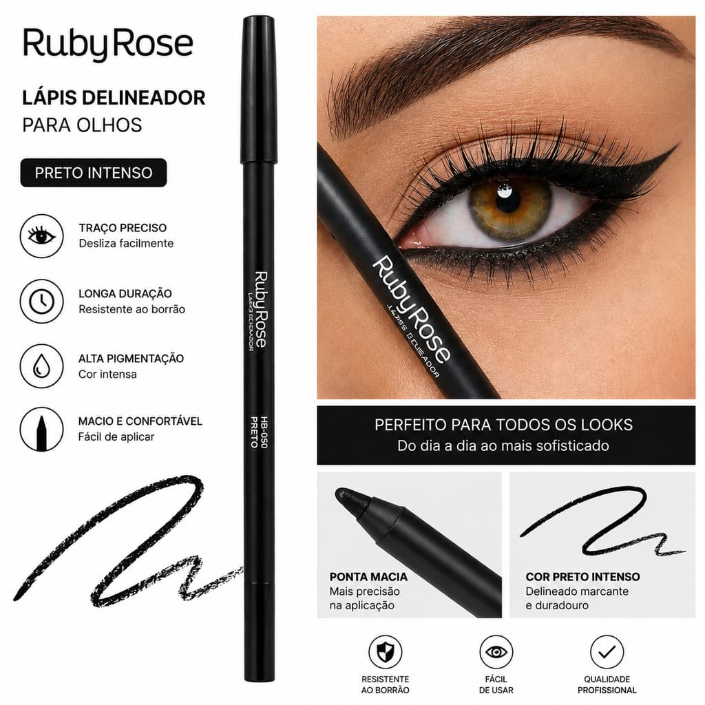 Ruby Rose HB-050 Lápis Delineador para Olhos Carbon Black Preto Intenso