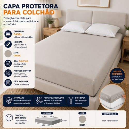 Capa Protetora Colchao Casal Impermeavel Ajustavel Protecao Duravel Cinza