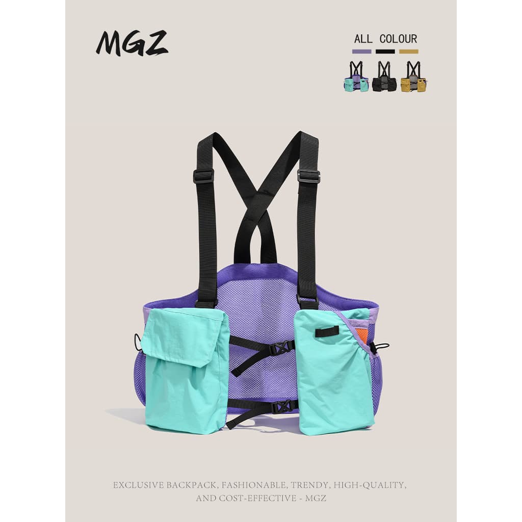 MGZ multifuncional contraste cor ao ar livre escalada colete saco masculino feminino moda esportes malha respirável moch