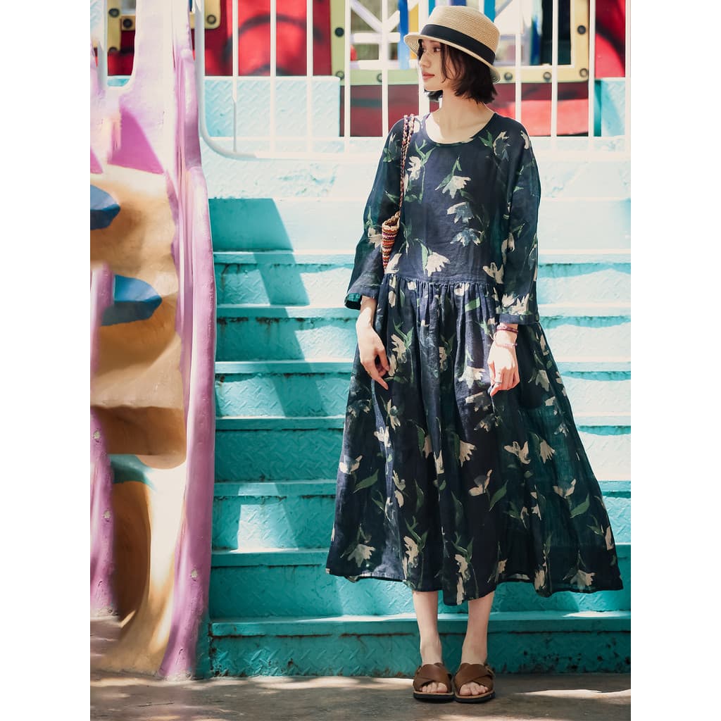 Artista de tecelagem exclusivo Yulu Cânhamo Meio Luar Estampa Manga de peça única Forro de concha verde Vestido de verão