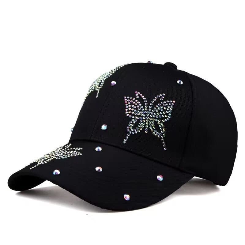 Boné de Beisebol Feminino Elegante com Lantejoulas e Decoração de Borboleta em Strass - Chapéu de Sol Moderno para o Ver