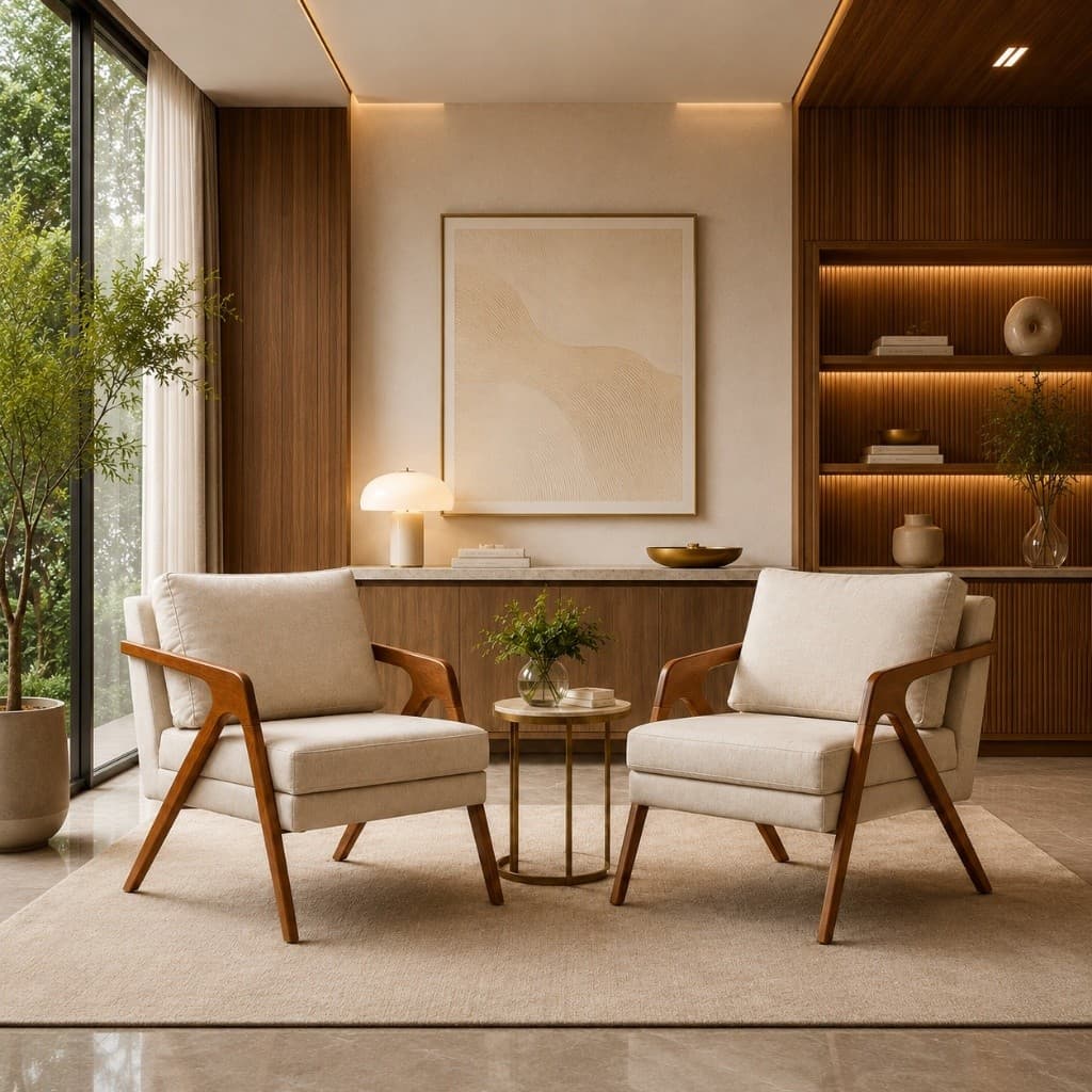 Conjunto 2 Poltronas Decorativa Mona Luxo Sofisticada Madeira Maciça Linho Escritório Recepção Sala De Estar