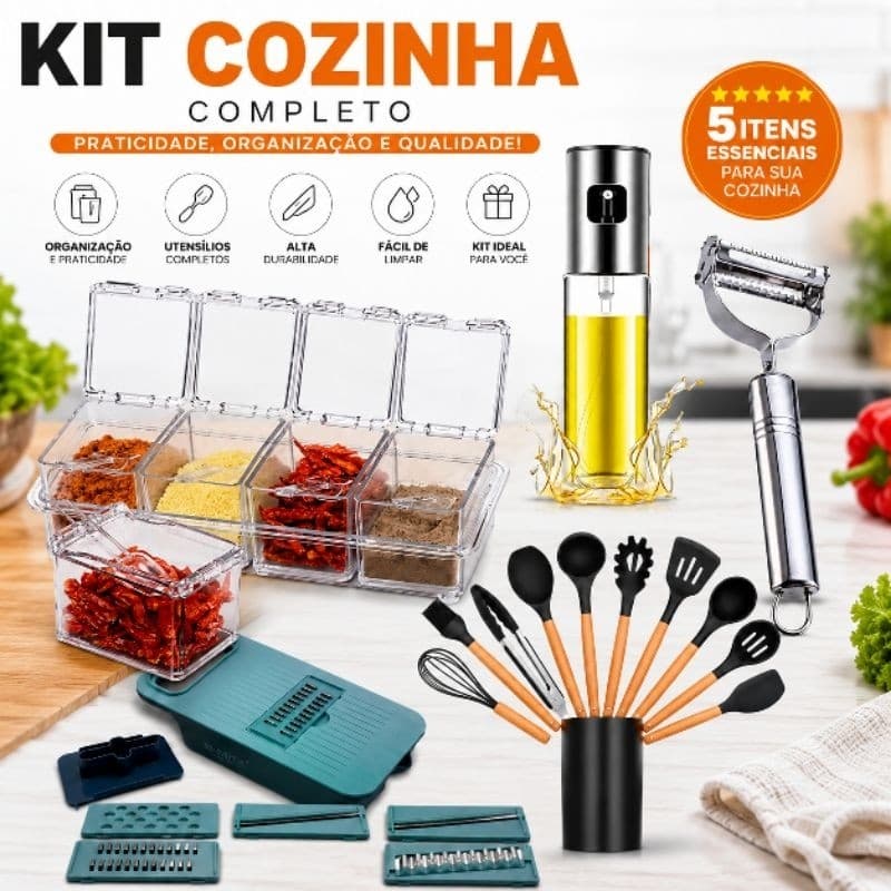 Kit Utensílios de Cozinha 5 Itens Organizador Temperos Spray Óleo Silicone Fatiador Ralador Descascador