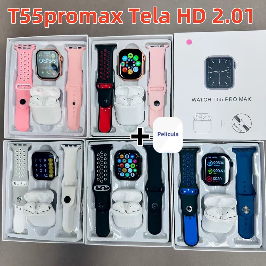 【Presente Halloween】2025 t55 pro max Smartwatch Relógio Inteligente TWS Fone De Ouvido 2 Em 1 BT Chamada 1.77 Polegada