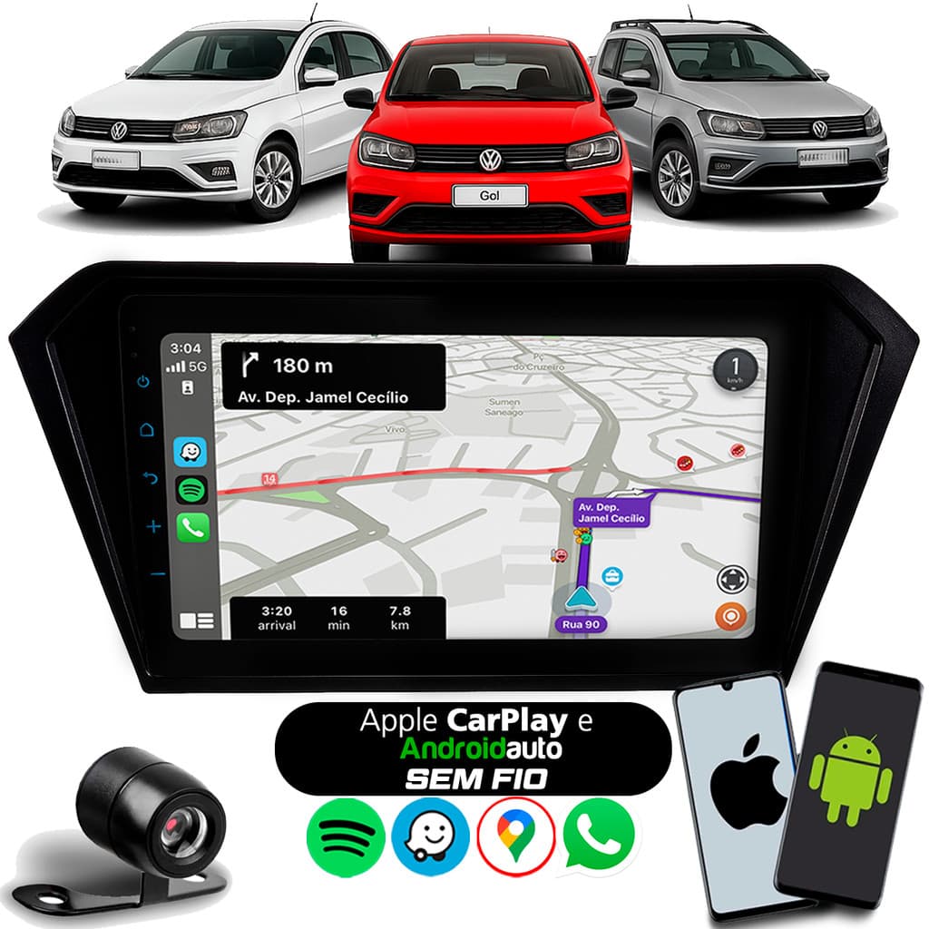 Multimídia 9 Polegadas Gol Saveiro Voyage G7 2016 à 2024 Carplay Android Auto Sem Fio Bluetooth + Câmera de Ré + Moldura