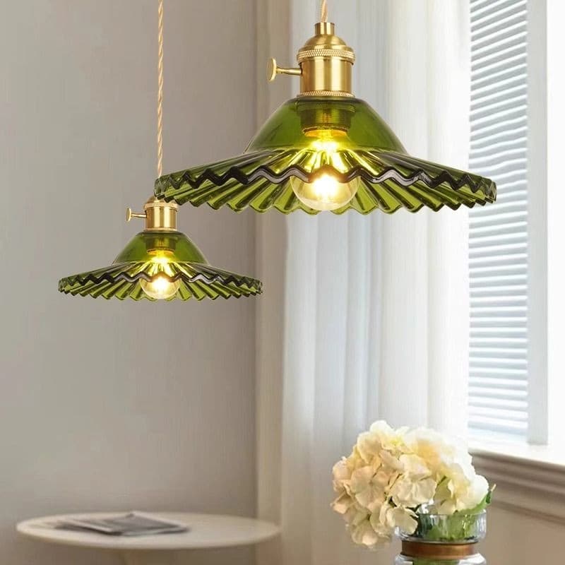Luminária Pendente De Vidro Verde Antigo , Lustre Japonês De Latão Vintage , De Teto Estética Suspensa Para Sala De Jant