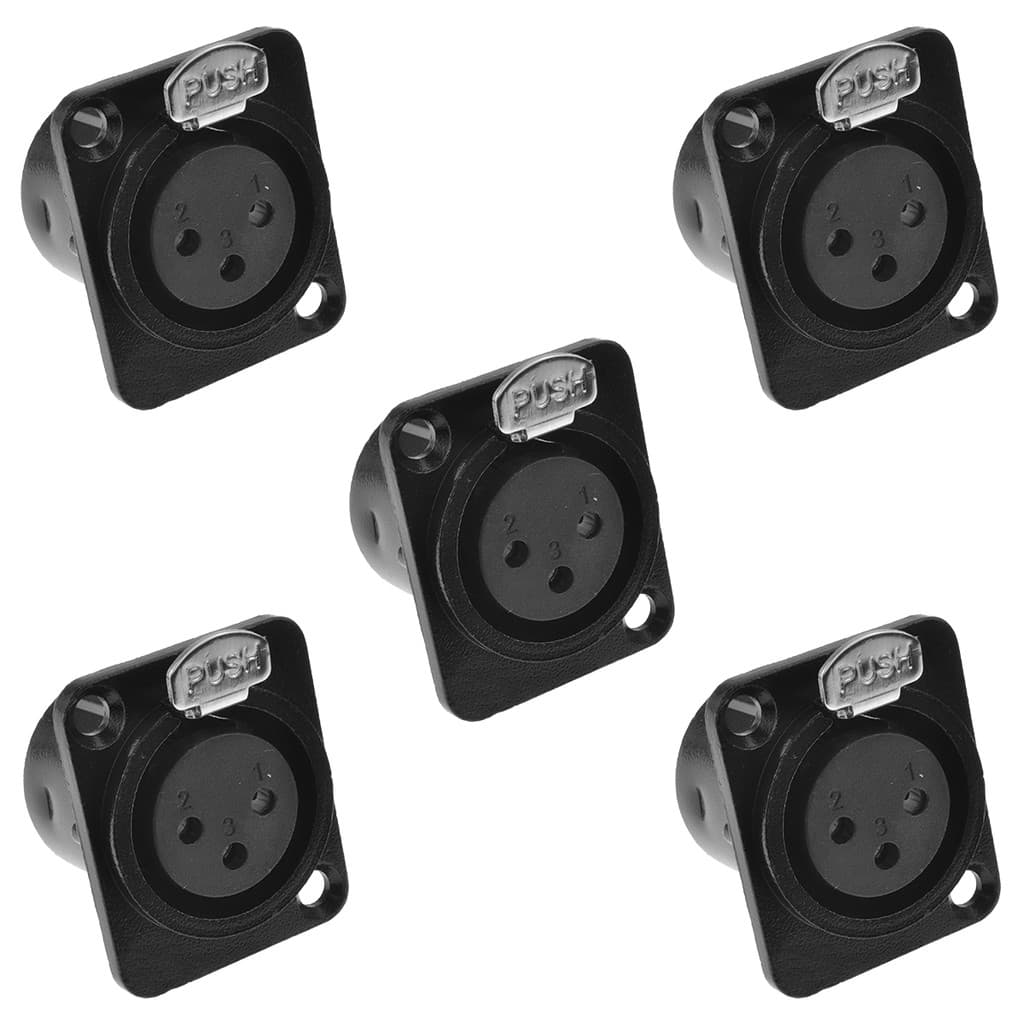 05 Conector XLR Fêmea Painel Preto 3 Pinos Trava Para Mesas De Som