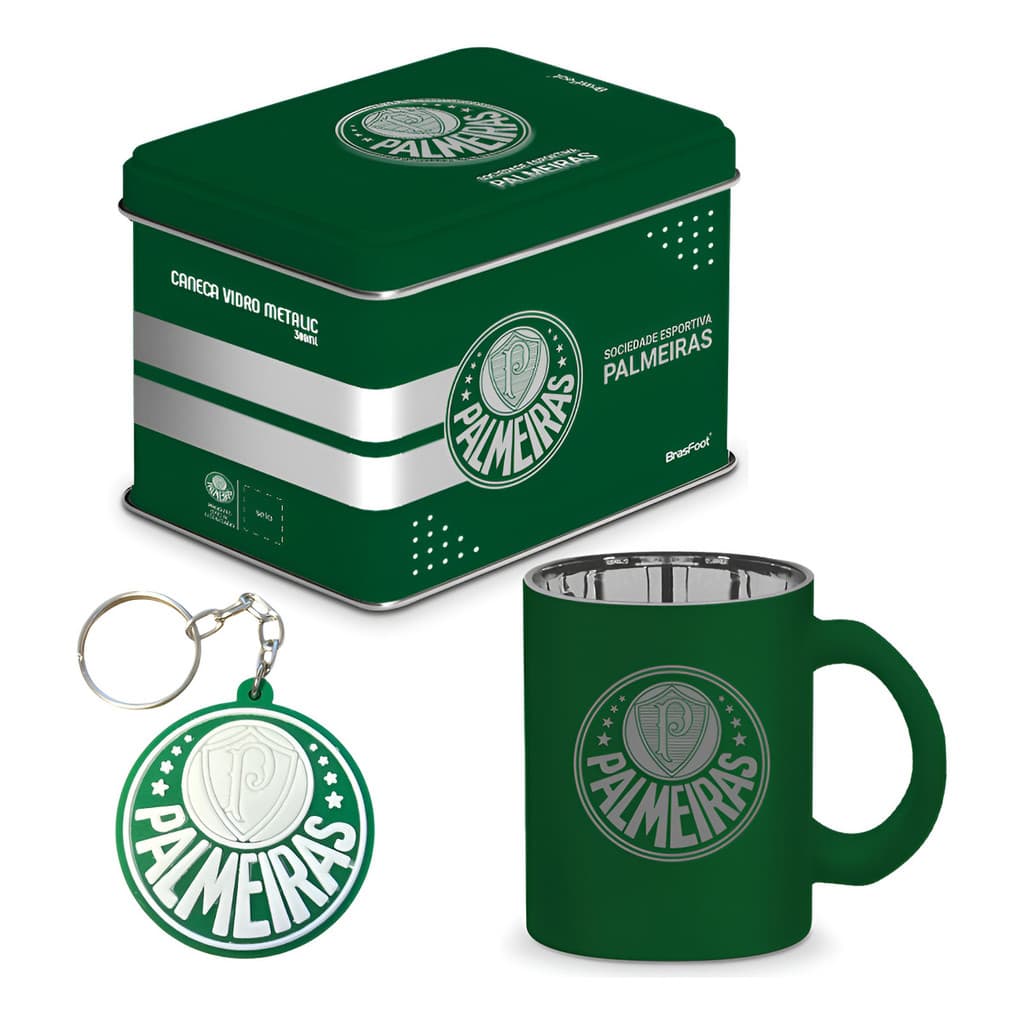 Kit Caneca Palmeiras De Vidro Caixa Organizador Com Chaveiro Futebol Verdão