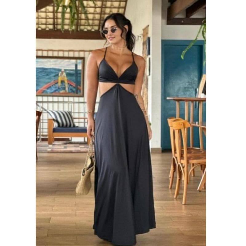 Vestido Longo Feminino Aberto Cintura Trançado Costas 36-42