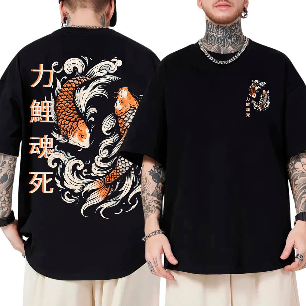 Camisa Camiseta Oversized Streetwear Koi Carpas Japonesa 100% Algodão Fio 30.1 Camisão Longo