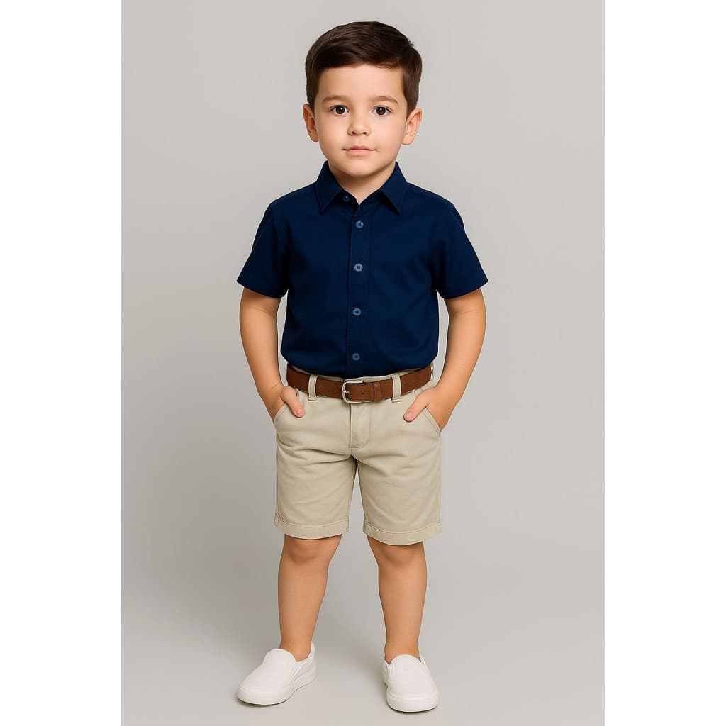 Conjunto Roupa Social Bermuda Nude Cinto Camisa Azul Marinho Formatura Pajem Casamento Festa Aniversário Infantil