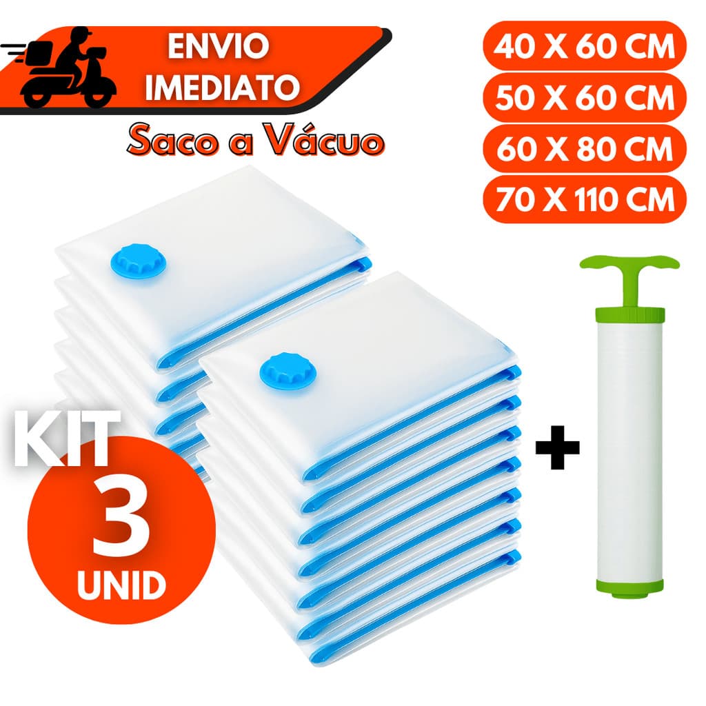 Kit 1/3 Sacos a Vácuo + Bomba Manual – Organização de Roupas, Mala e Guarda-Roupas Organizado