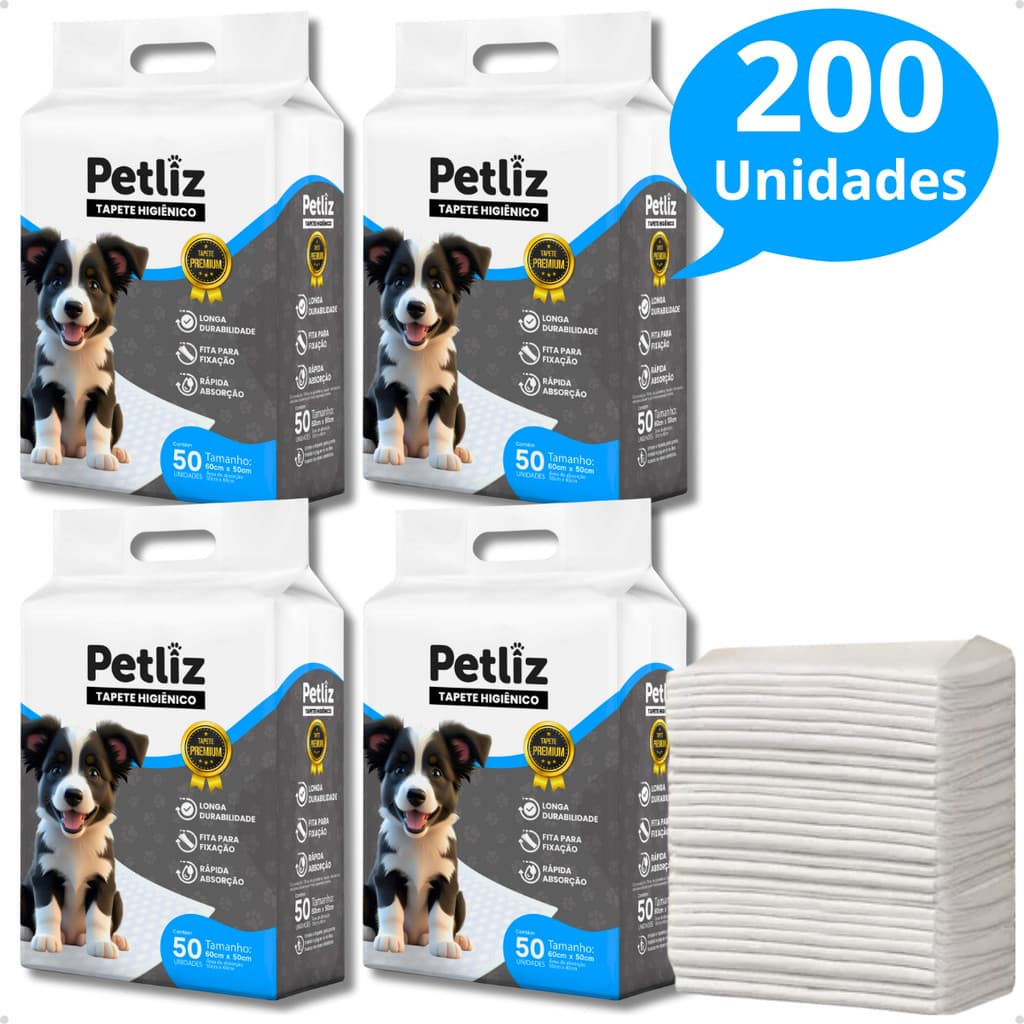 Kit 4 Tapete Higiênico Alta Absorção para Cachorro 60 x 50 cm - 50 unidades - Petliz