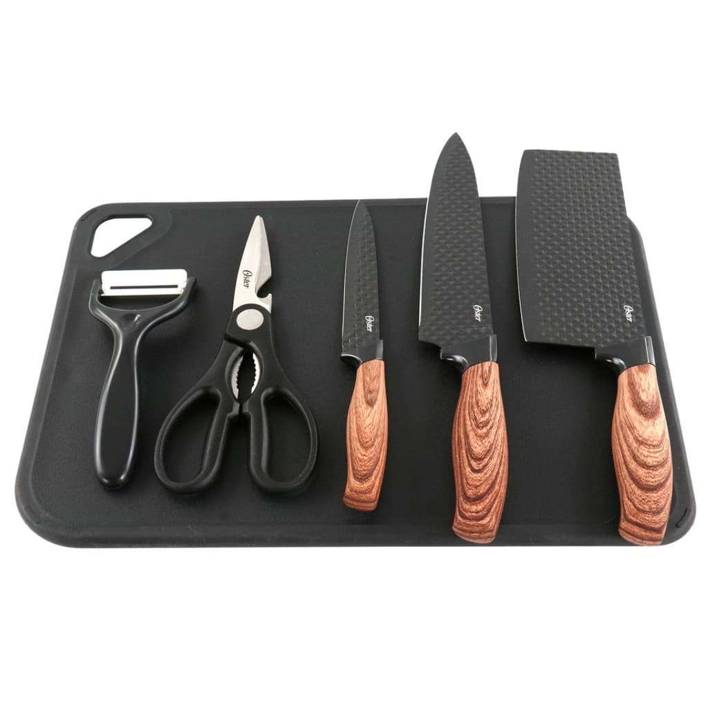 CONJUNTO FACAS 5 PECAS + TABUA GUNDERSON OSTER - 1 CUTELO 17,8CM, 1 FACA DO CHEF 20,3CM, 1 FACA UTILITY 12,7CM, 1 DES
