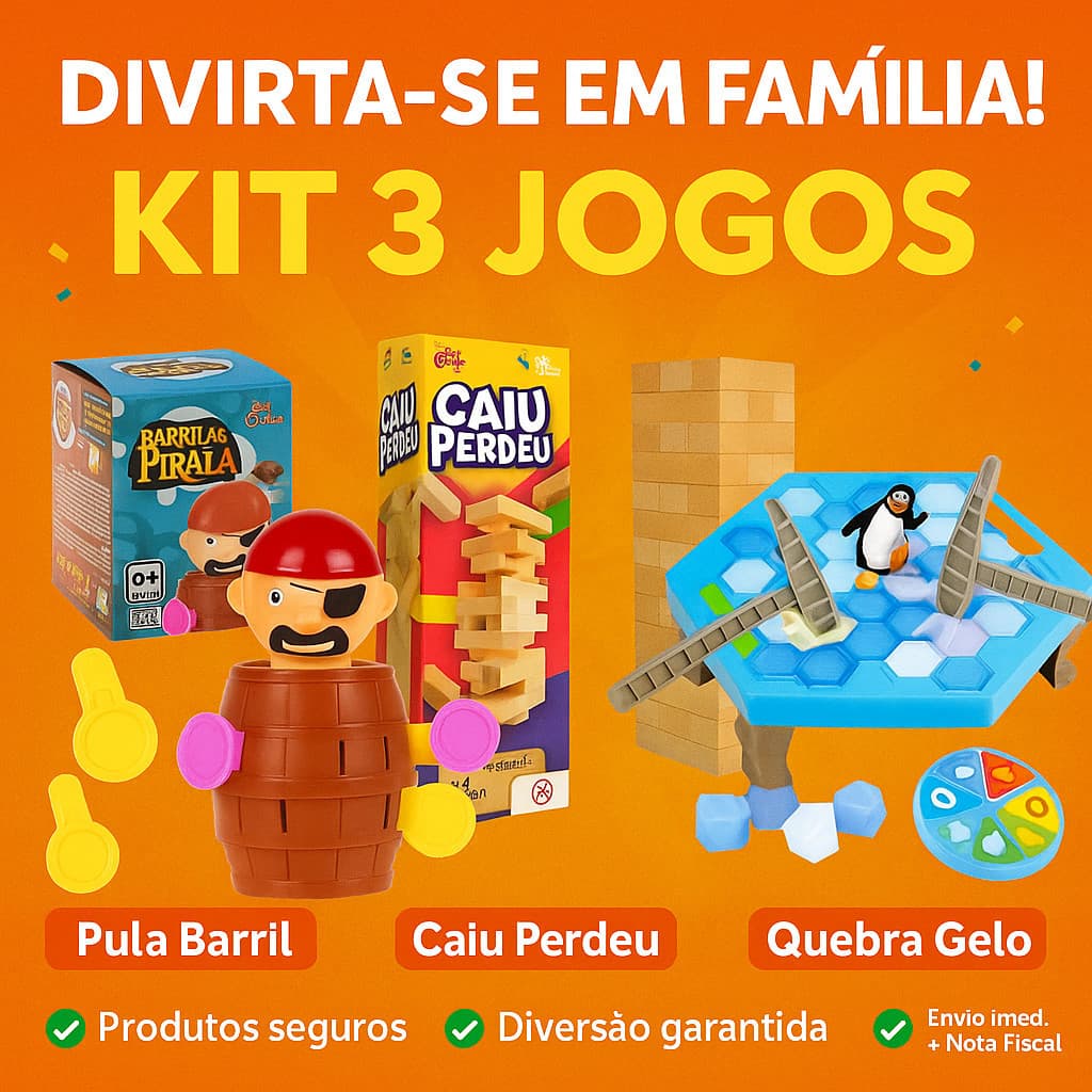 Kit 3 Jogos Caiu Perdeu Pula Barril e Quebra Gelo Divertido Menino e Menina